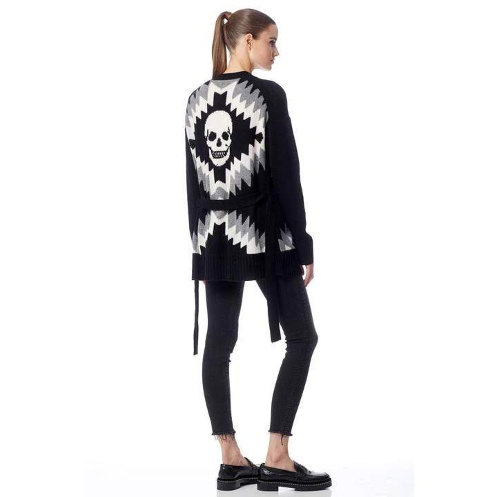 Skull Cashmere Belted Cardigan Womens Black Small Wool Blend Skull Back‎ Sweater - Picture 3 of 8